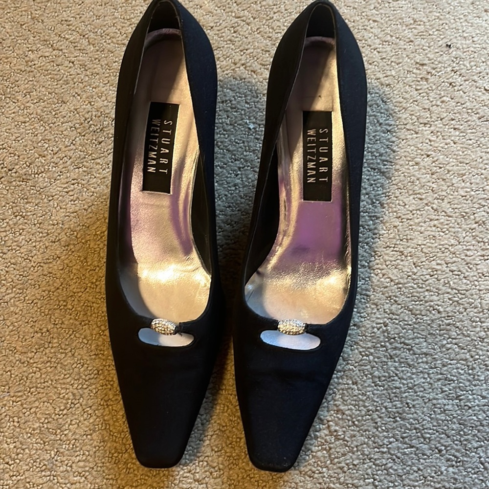 Stuart Weitzman, Black heel evening shoes with bling decoration, size 9 narrow